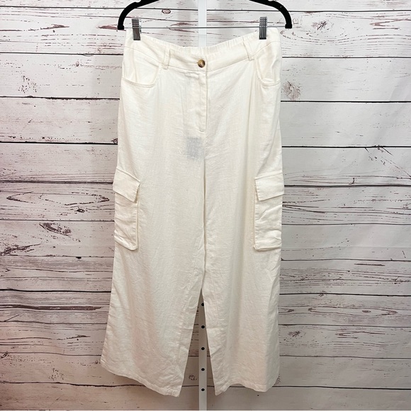 Sincerly Jules Pants - Sincerely Jules Off-White Cream Linen Blend Wide Leg Cargo Pants Size Large NWT